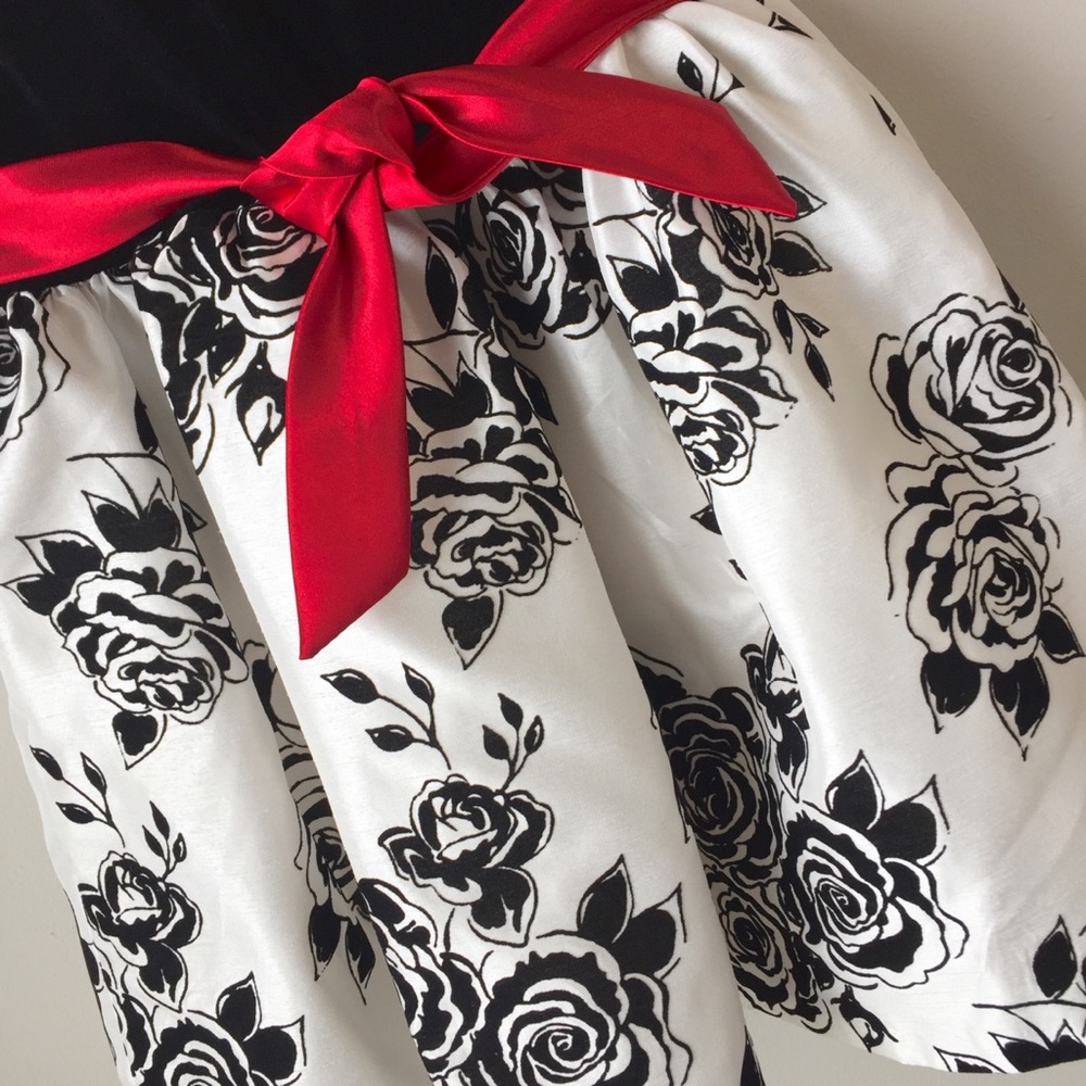 Girls Black White Velour Roses Fit & Flare Dress - Picture 4 of 8